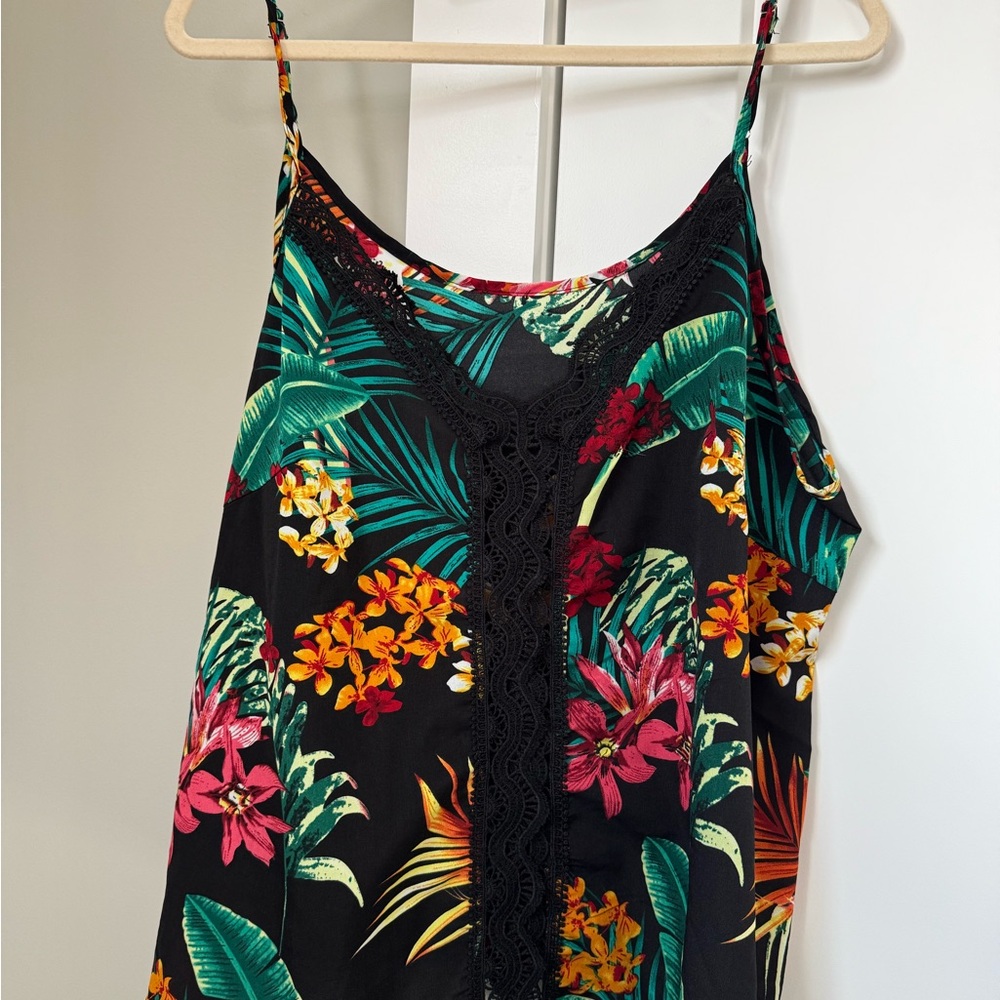 SHEIN Black Tropical Floral Cami with Lace Detail